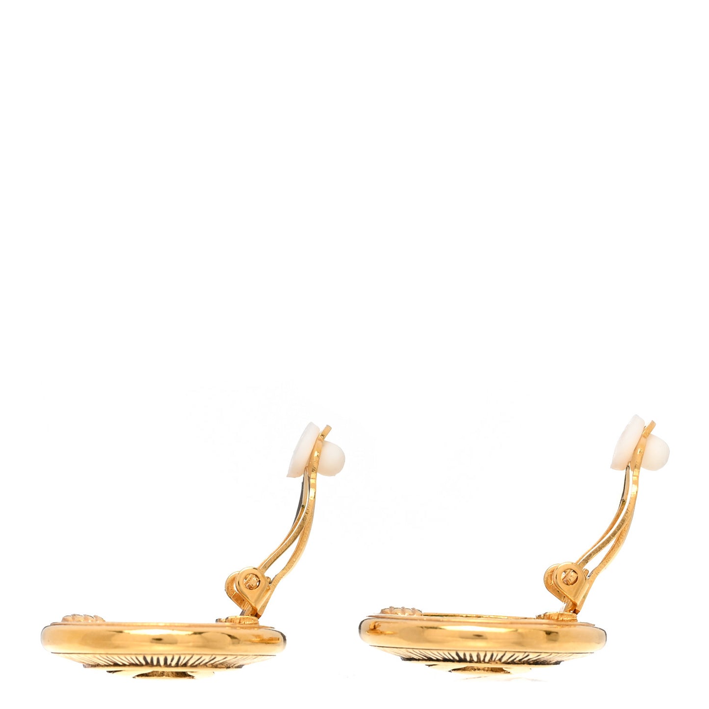 Metal Textured CC Medallion Clip On Earrings Gold