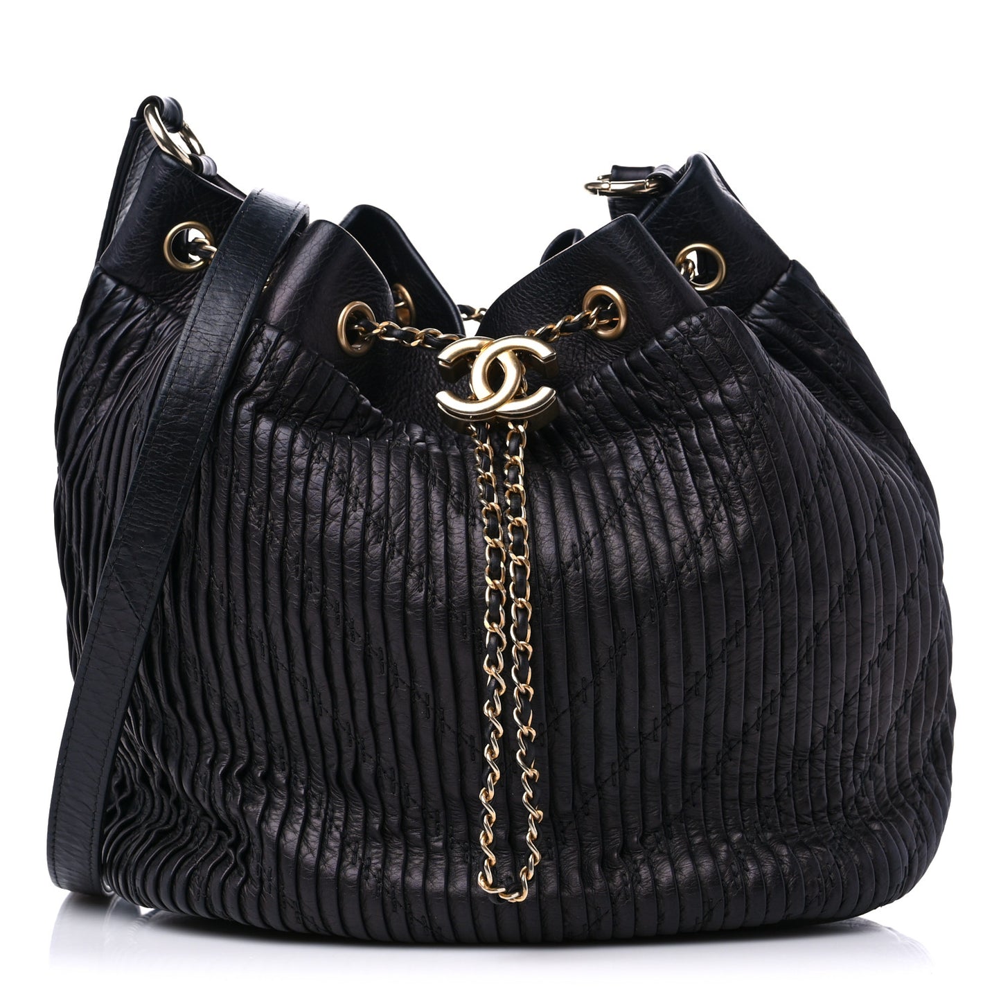 Iridescent Crumpled Calfskin Coco Pleats Drawstring Bag Black