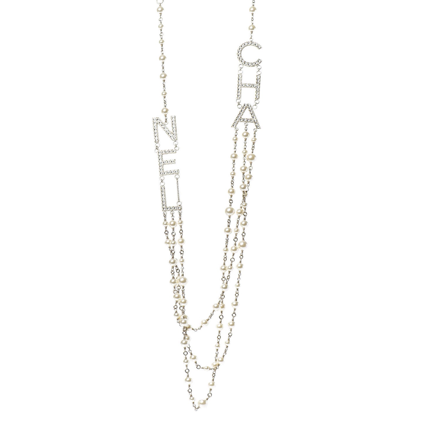 Pearl Crystal Cha-Nel Logo Necklace Gold