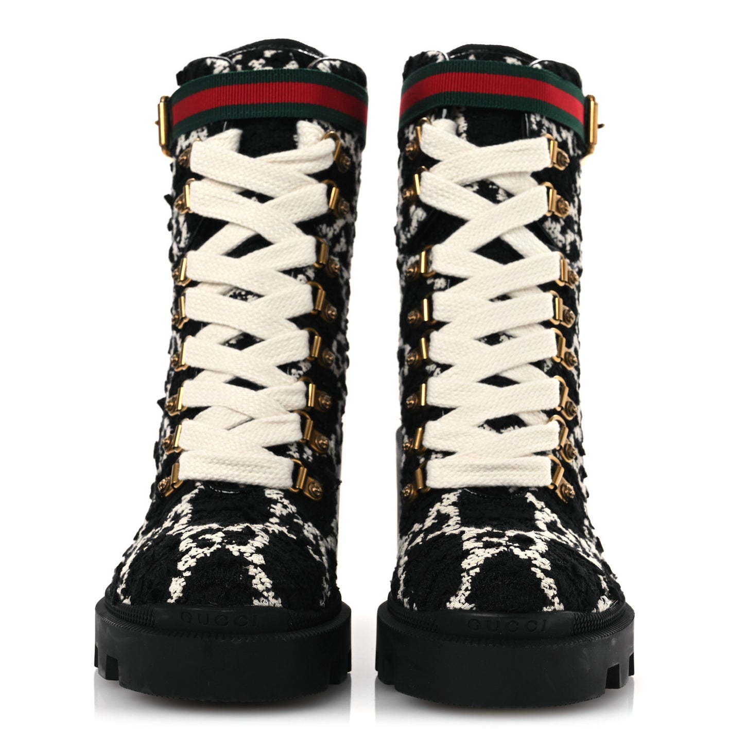 Tweed GG Monogram Lace Up Combat Ankle Boots 36 Black