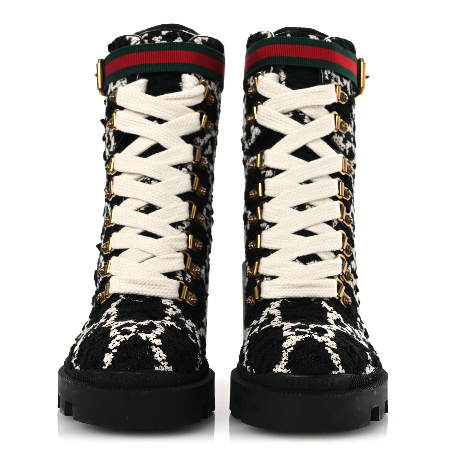 Gucci Tweed GG Monogram Lace Up Combat Ankle Boots 36 Black 3 of 12