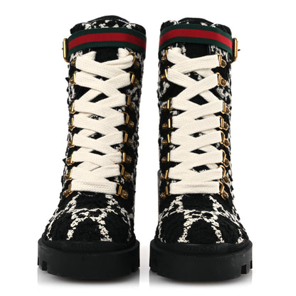 Gucci Tweed GG Monogram Lace Up Combat Ankle Boots 36 Black 3 of 12