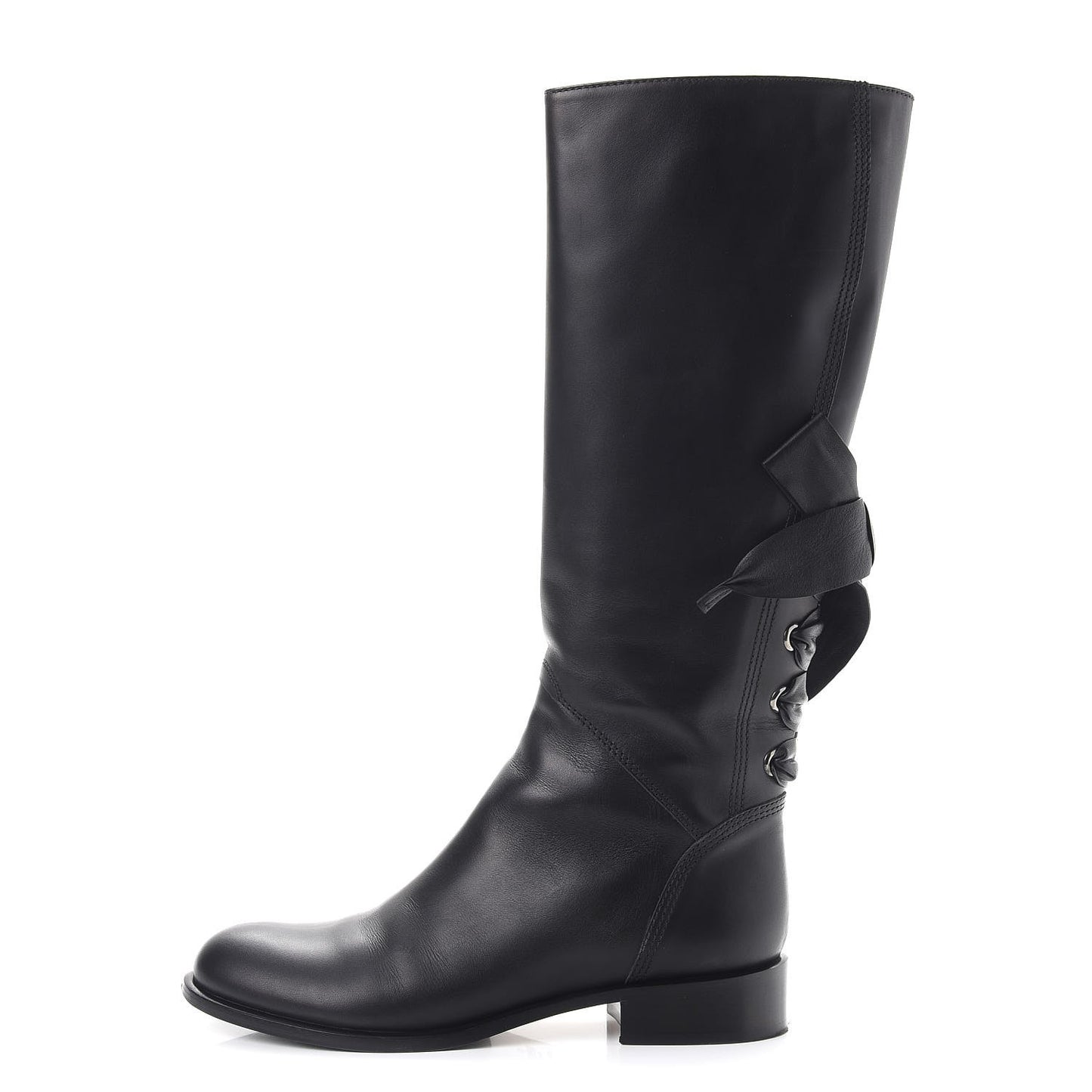 Calfskin Bow Lace Up Back Knee High Tall Boots 38.5 Black