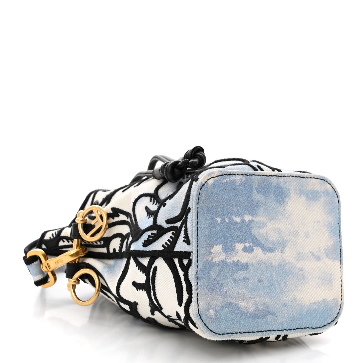 X JOSHUA VIDES Fabric Flower Clouds Embroidered Mini Mon Tresor Bucket Bag White Celeste Black