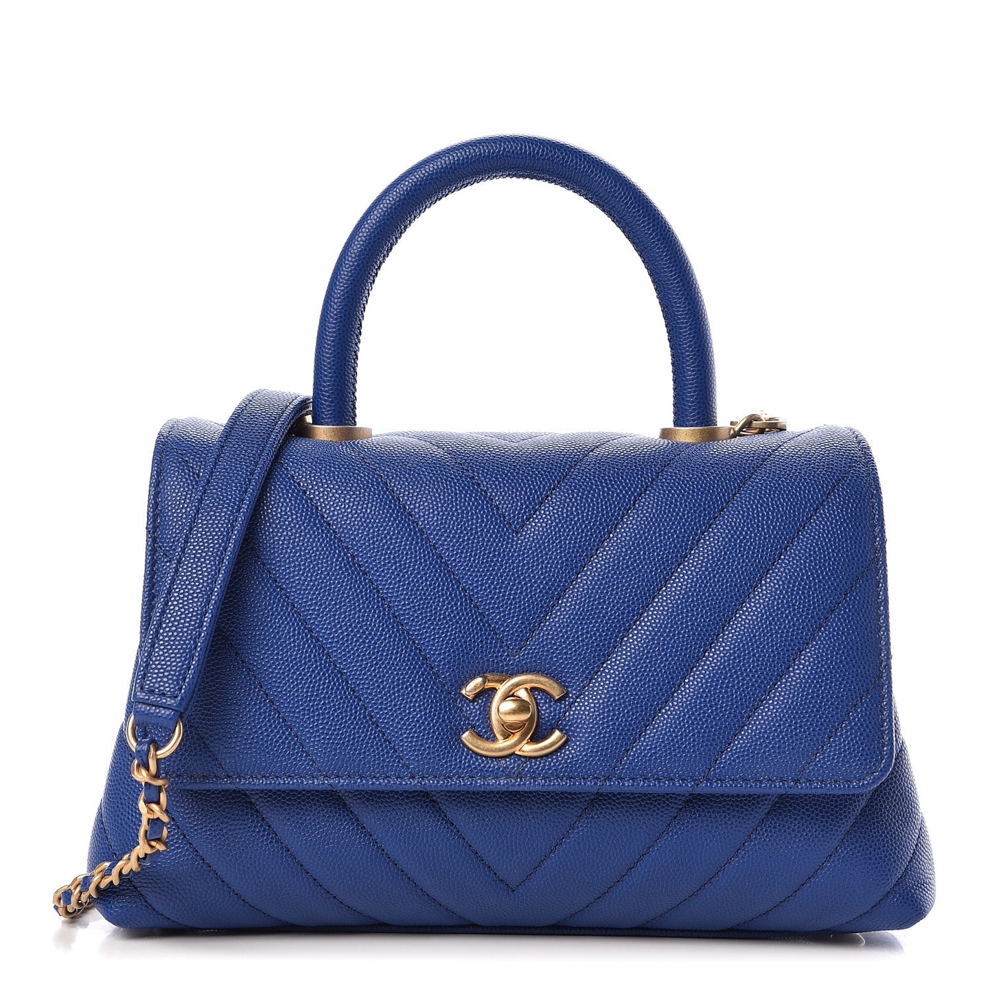 Caviar Chevron Quilted Mini Coco Handle Flap Blue