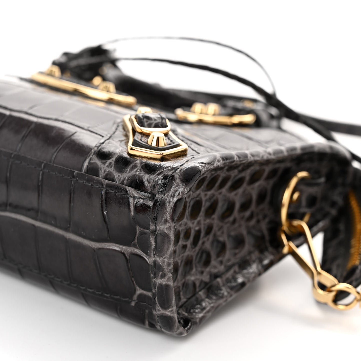 Calfskin Crocodile Embossed Gold Metallic Edge Hardware Nano City Dark Grey