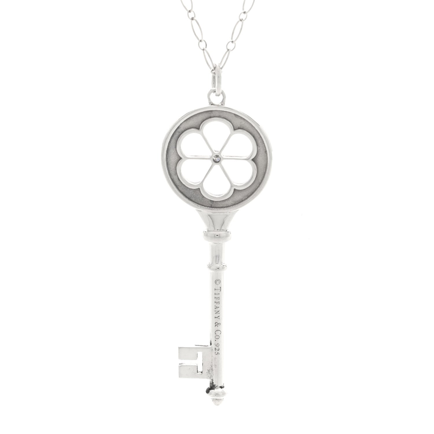 Tiffany Sterling Silver Diamond Blossom Key Pendant Link Necklace 4 of 6