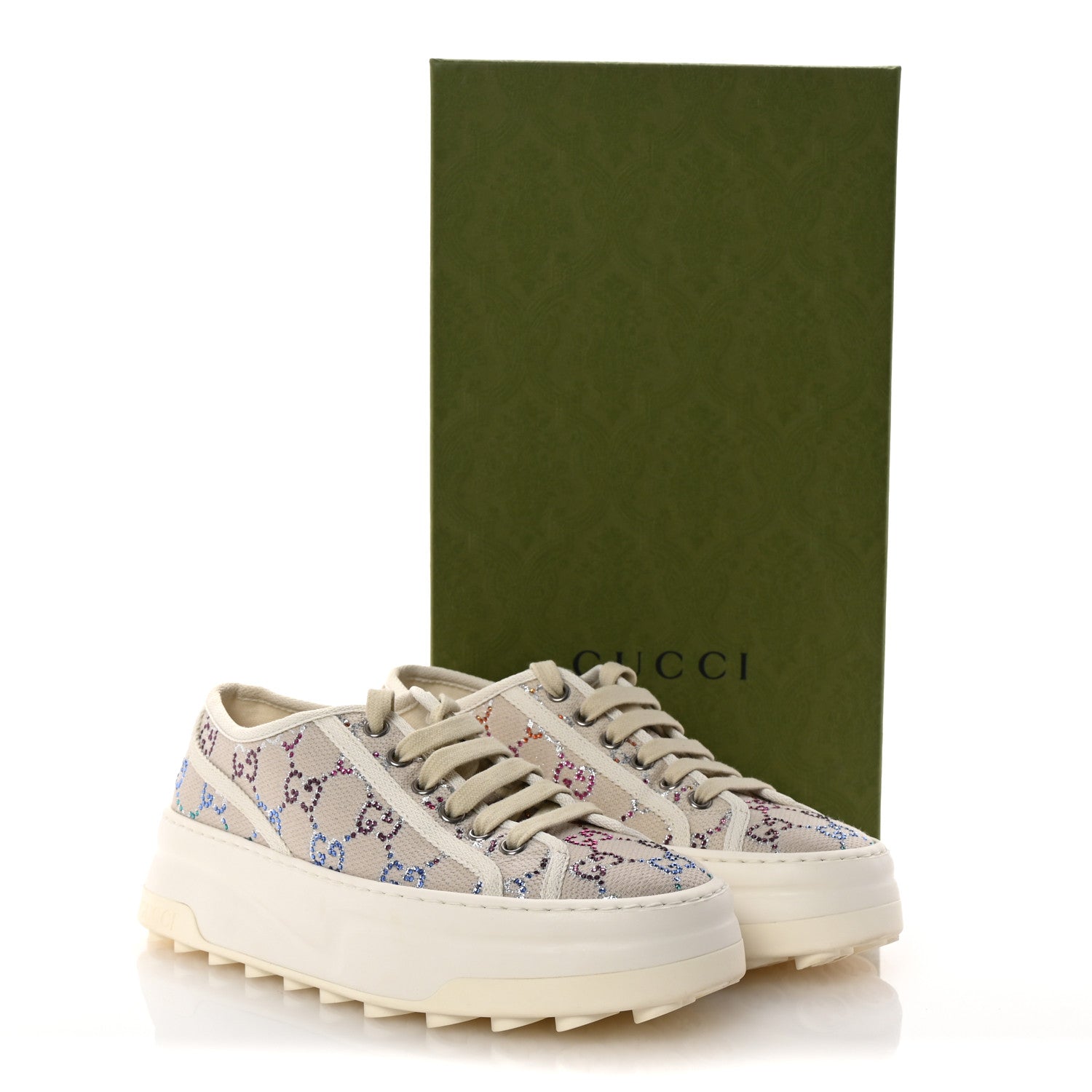 Gucci Canvas Lame Crystal GG Monogram Womens 1977 Tennis Sneakers 37.5 Gardenia Silver Mystic White 9 of 9