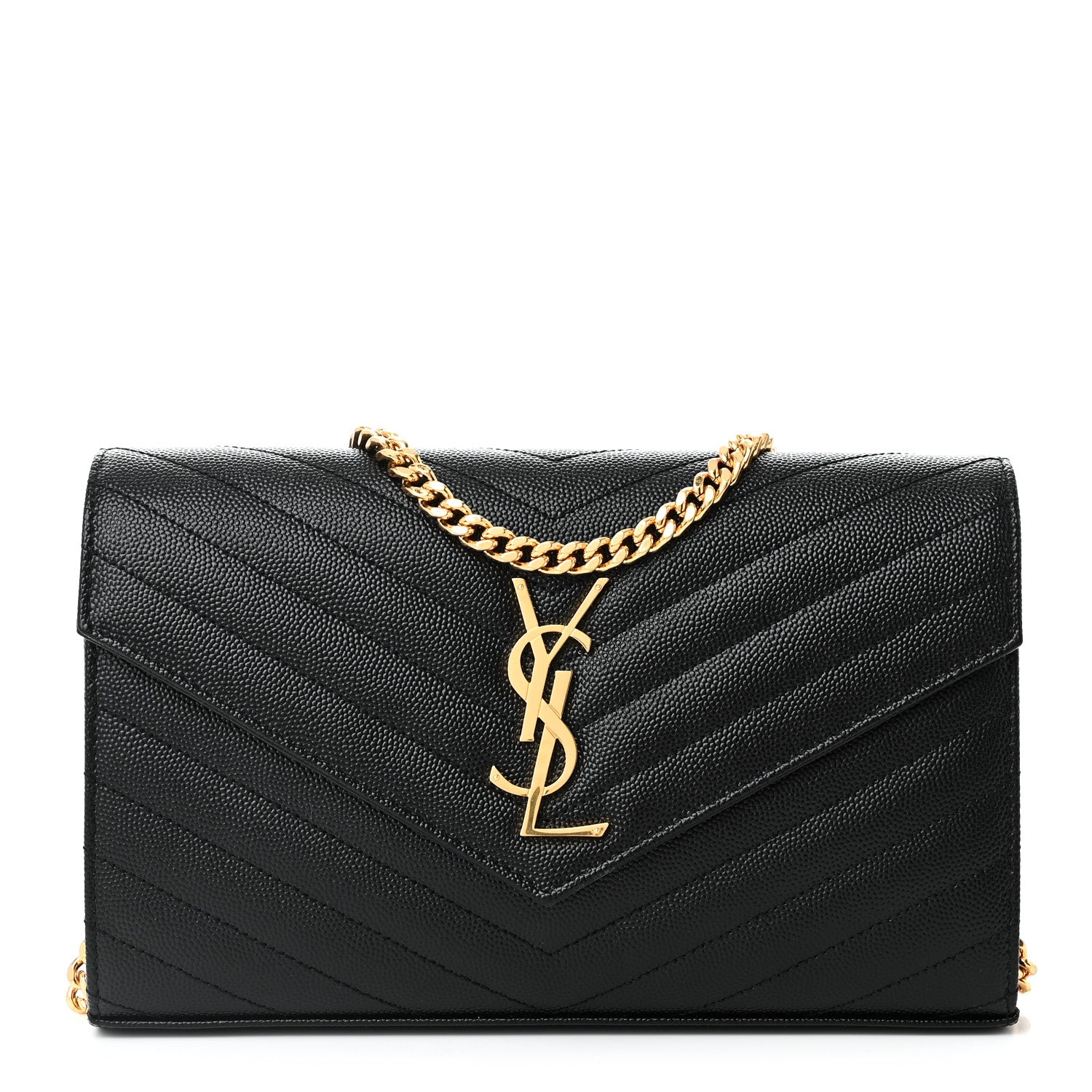 Saint Laurent Grain De Poudre Matelasse Chevron Monogram Chain Wallet Black 1 of 9