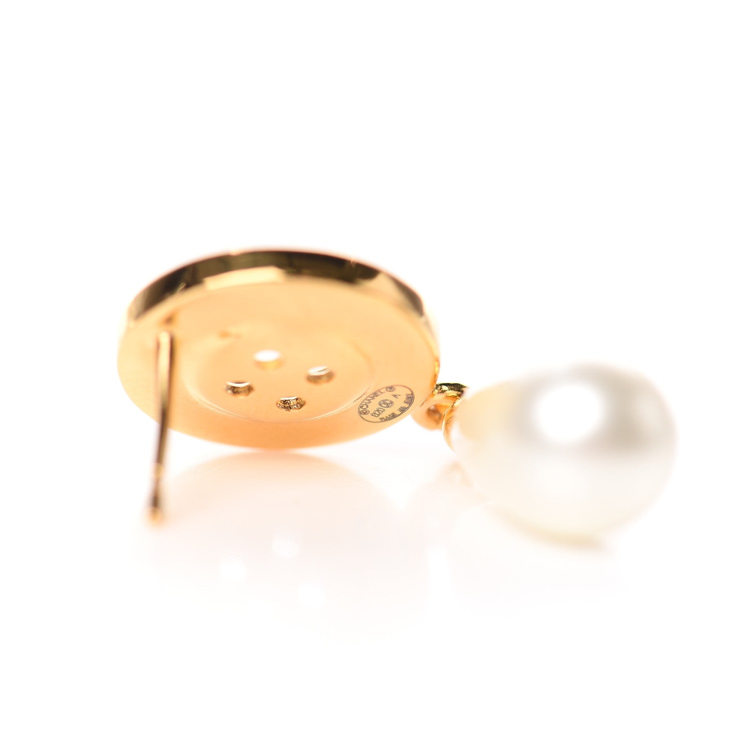 Chanel Metal Pearl Paris Button Drop Earrings Gold 4 of 5