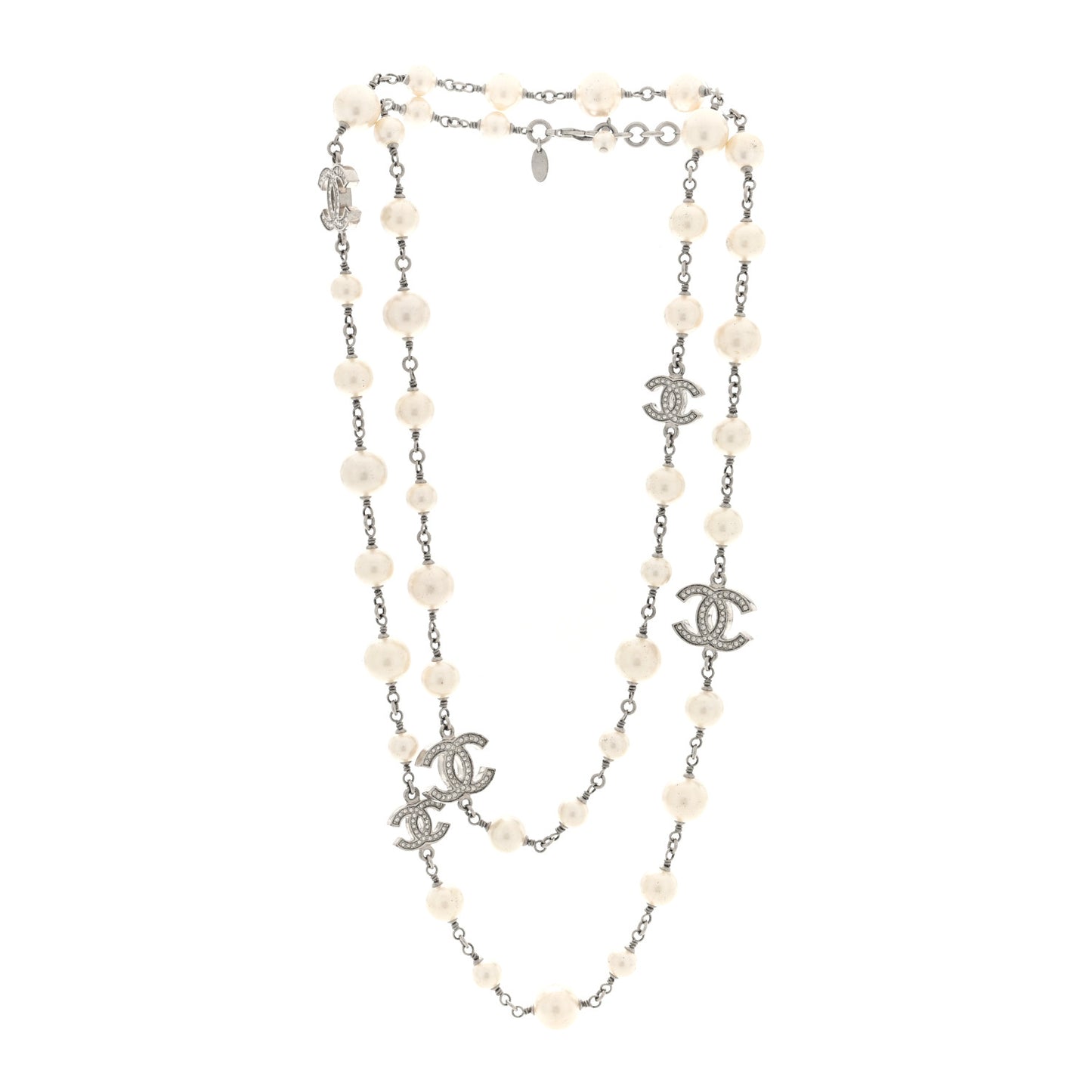 Crystal Pearl CC Long Necklace Silver