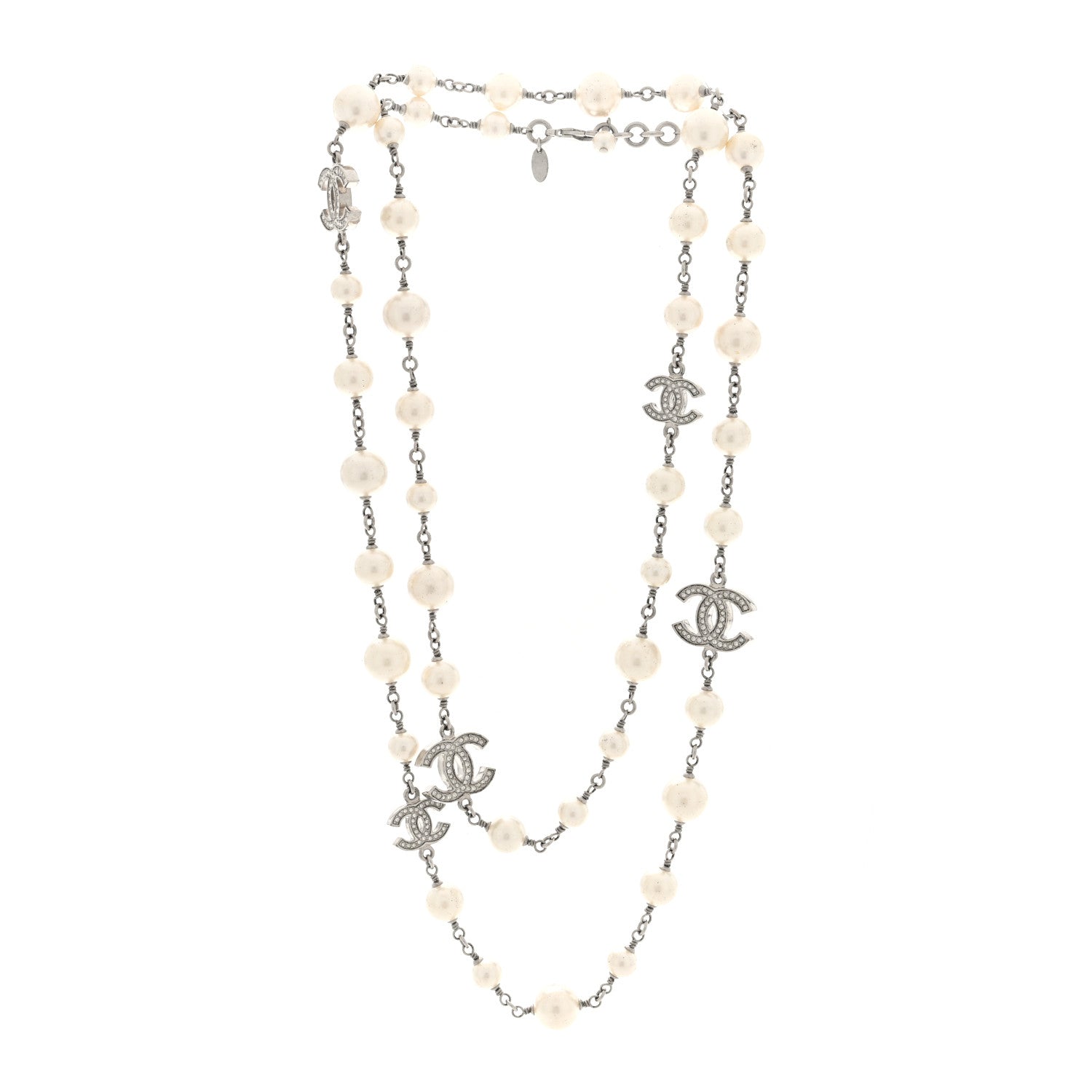 Chanel Crystal Pearl CC Long Necklace Silver 3 of 4