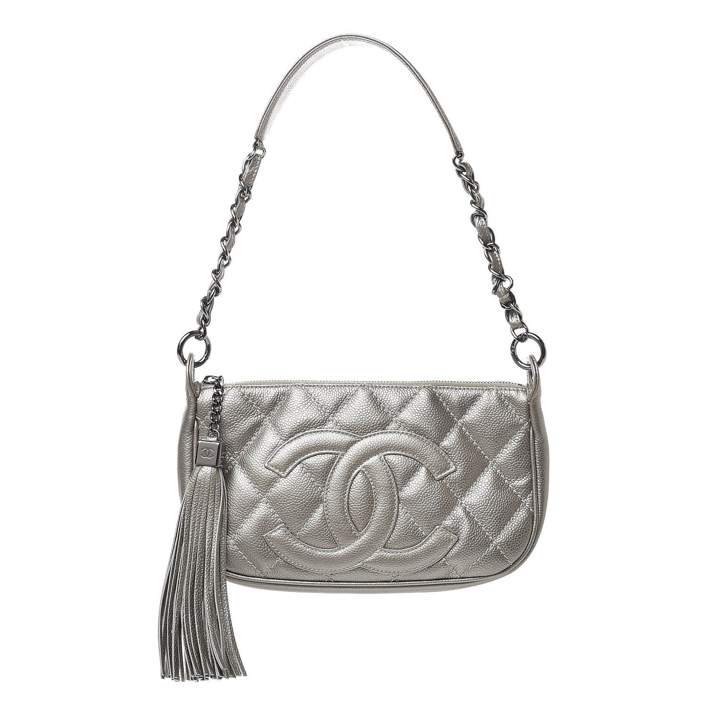 Metallic Caviar Quilted CC Shoulder Bag Silver