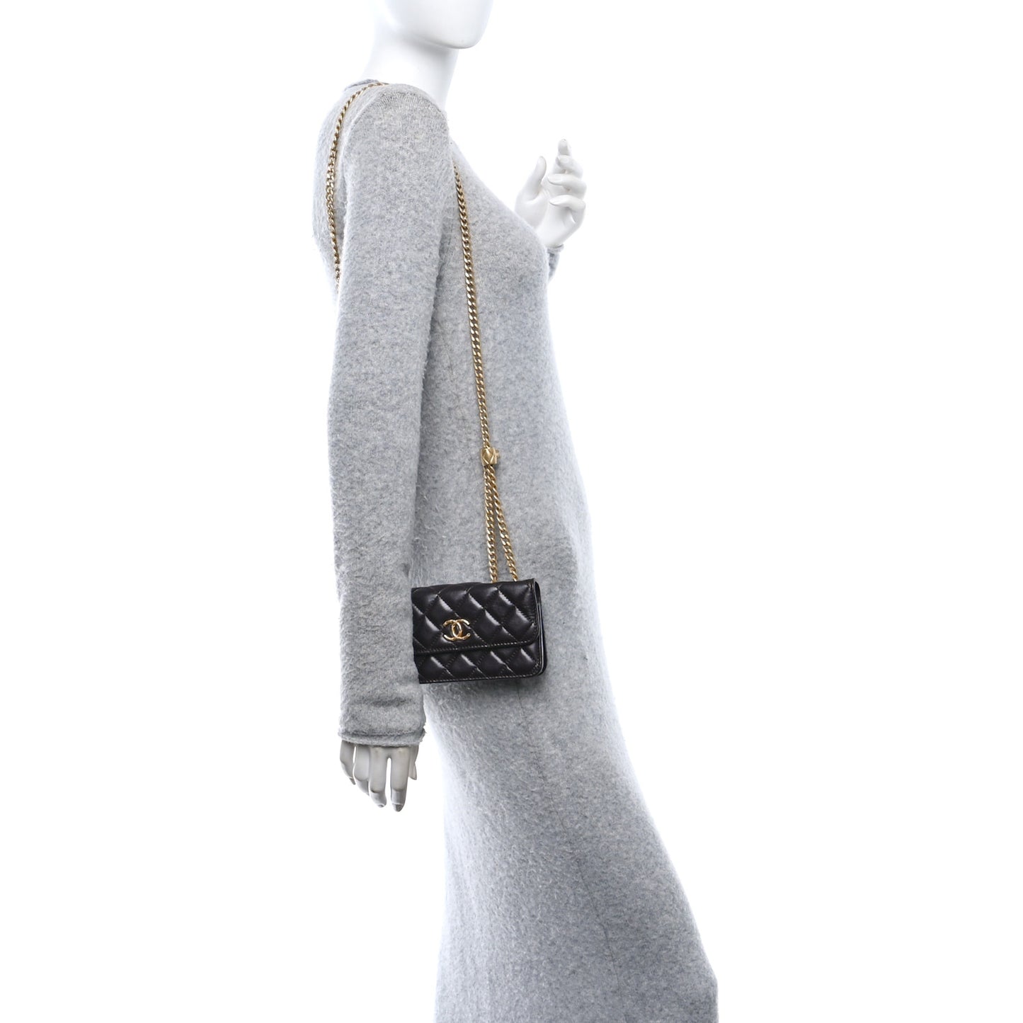 Lambskin Quilted Pillow Crush Flap Phone Holder With Chain Dark Brown