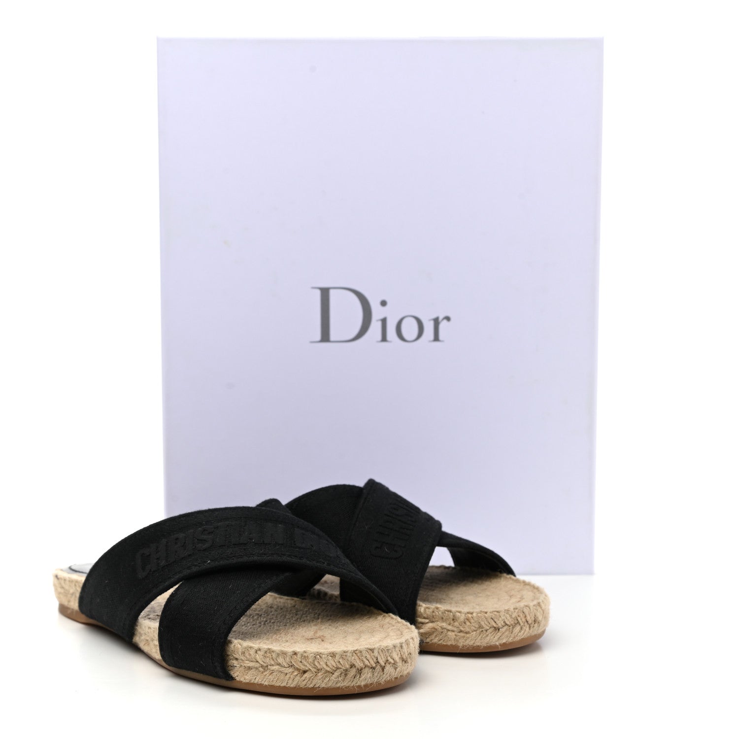 Christian Dior Canvas Embroidered Granville Espadrille Crisscross Flat Slide Sandals 38.5 Black 10 of 10