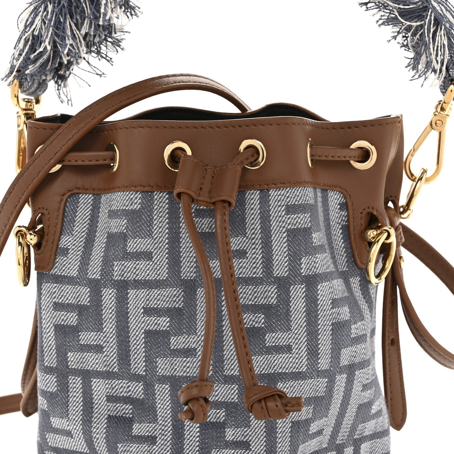 Denim Effect Fabric FF Jacquard Vitello Mini Mon Tresor Bucket Bag Blue Brown