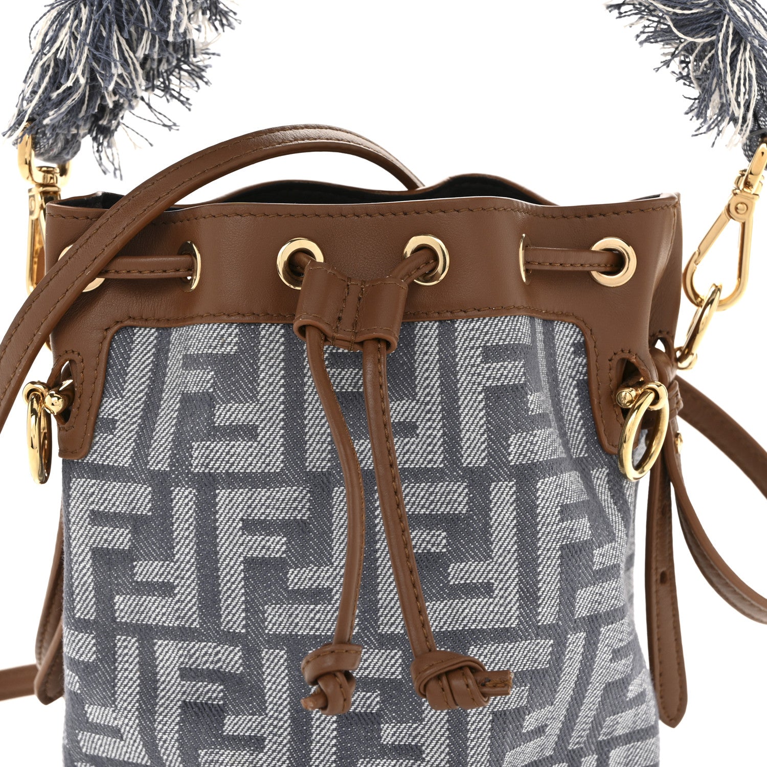 Fendi Denim Effect Fabric FF Jacquard Vitello Mini Mon Tresor Bucket Bag Blue Brown 8 of 10