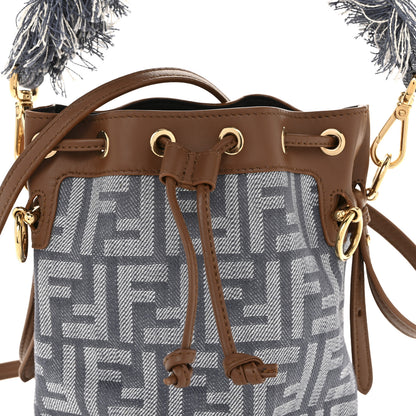 Fendi Denim Effect Fabric FF Jacquard Vitello Mini Mon Tresor Bucket Bag Blue Brown 8 of 10