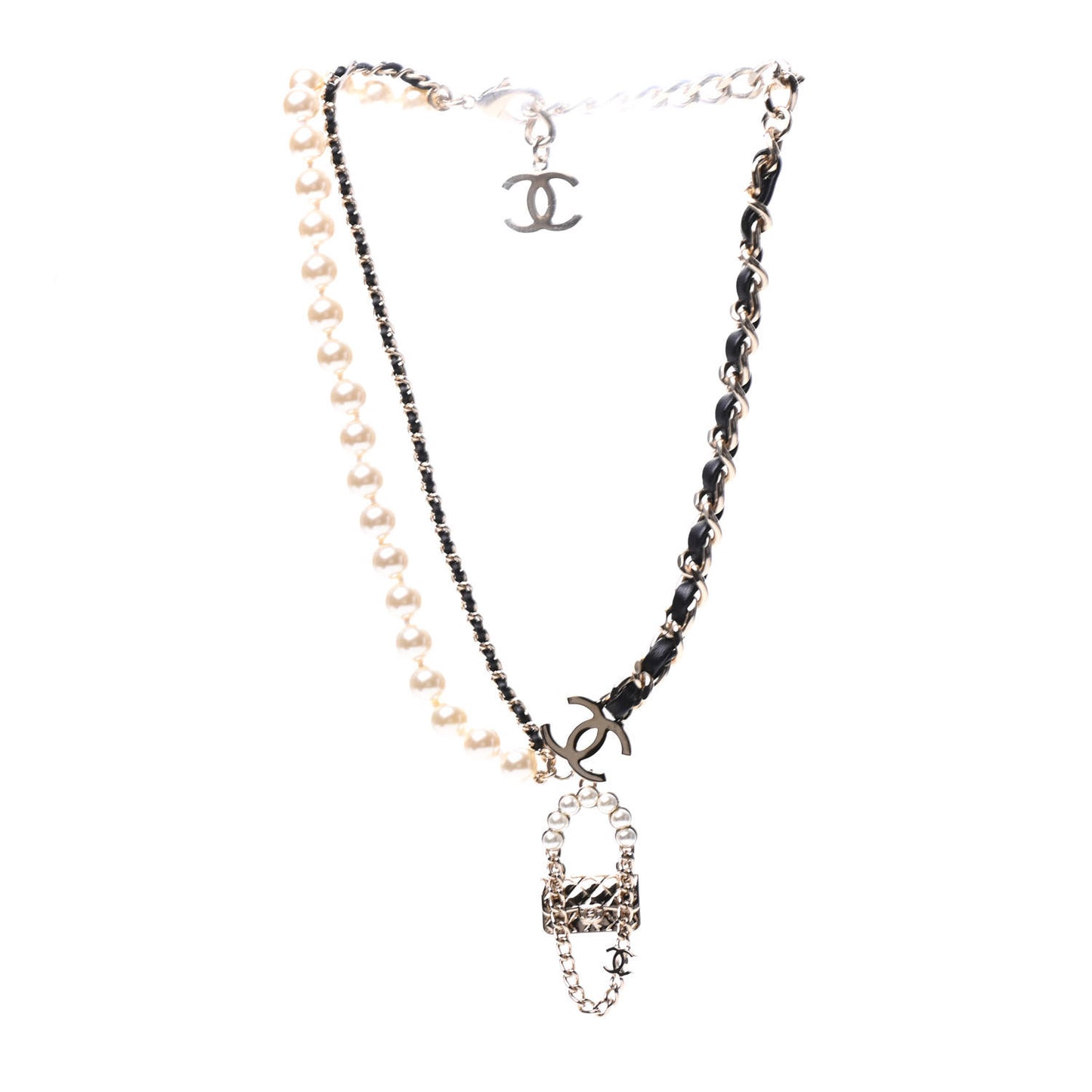 Lambskin Pearl Quilted Flap Necklace Gold Black Pearly White
