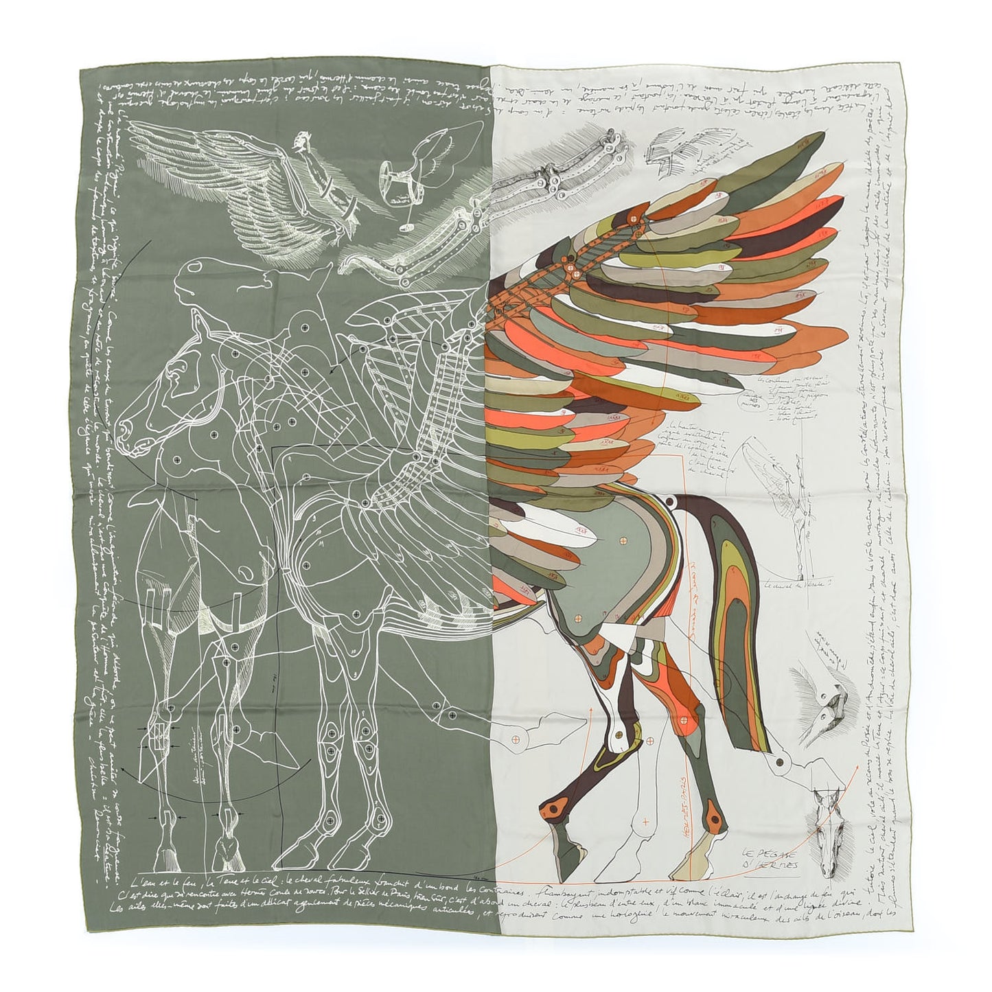 Silk Le Pegase d'Hermes Cut Wash 140 Scarf Kaki Gris Perle Or