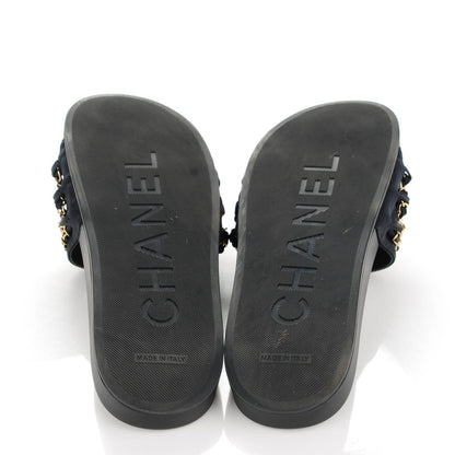 Chanel Lambskin Canvas Chain Flat Sandals 40 Navy 5 of 8
