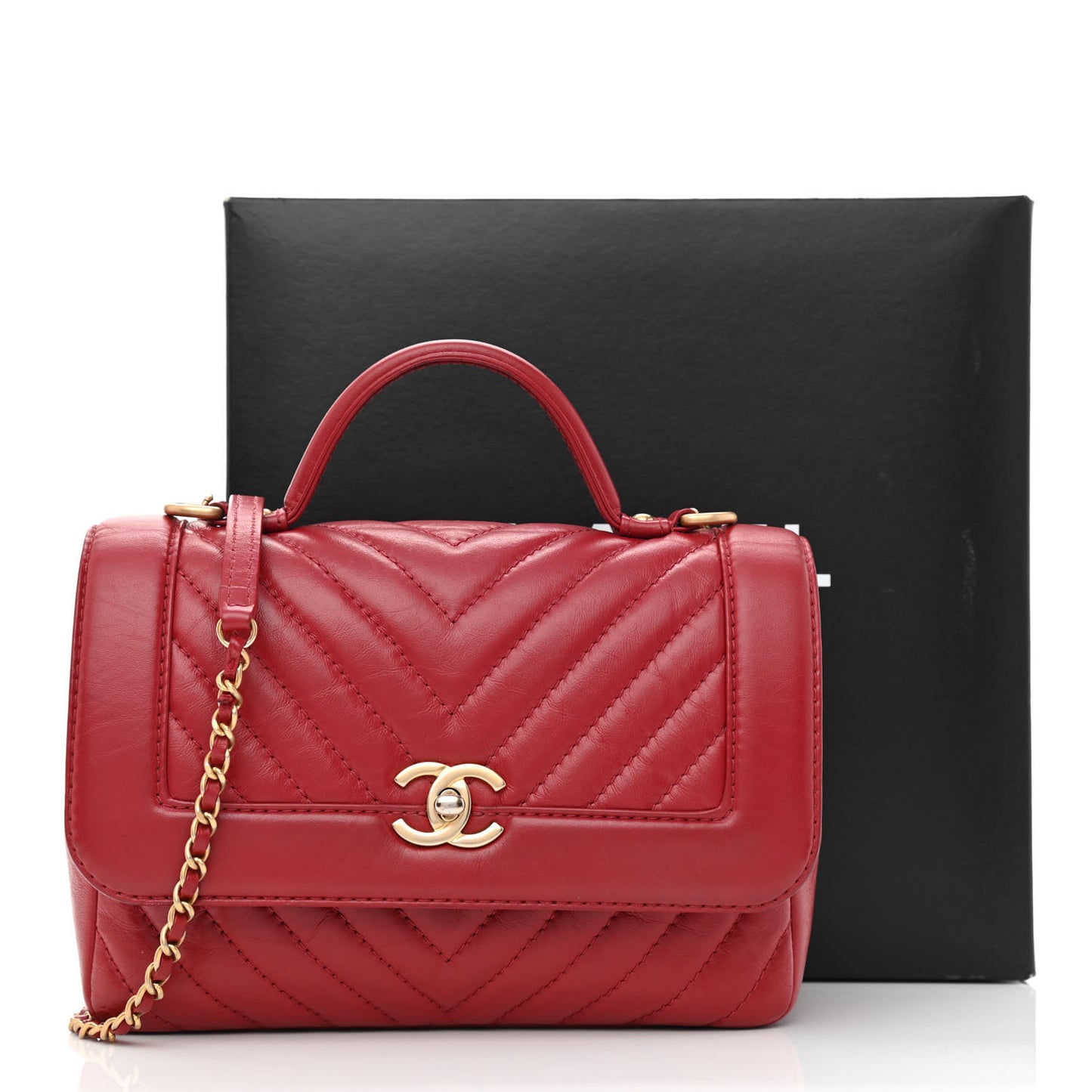 Calfskin Chevron Quilted Top Handle Flap Red