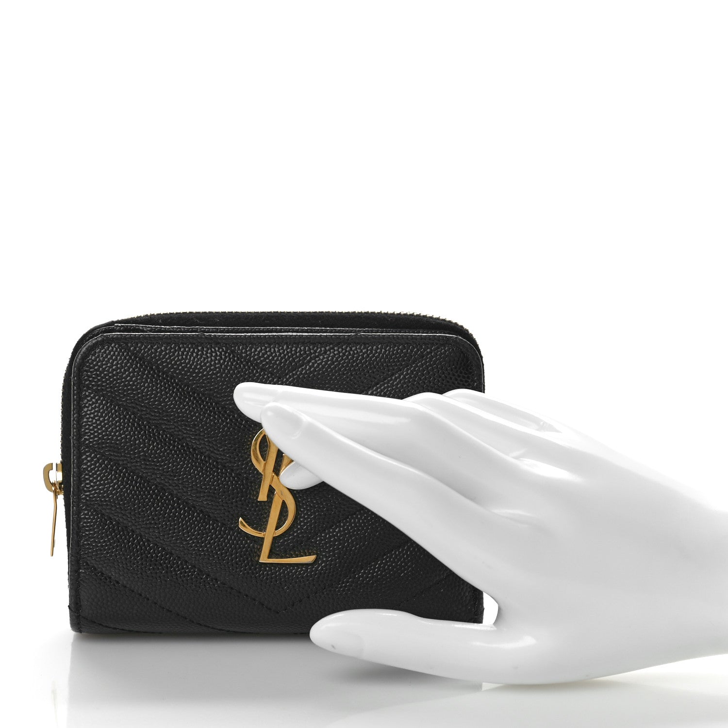 Saint Laurent Grain De Poudre Matelasse Chevron Monogram Compact Zip Around Wallet Black 2 of 8
