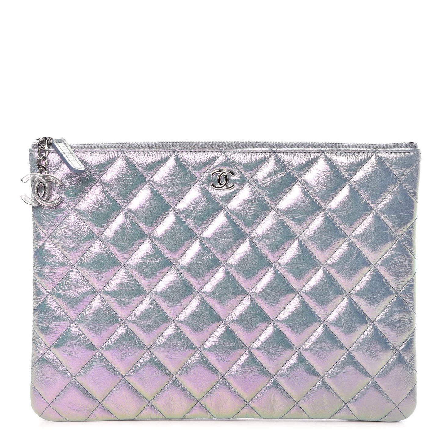 Iridescent Crumpled Lambskin Medium Cosmetic Case Light Blue