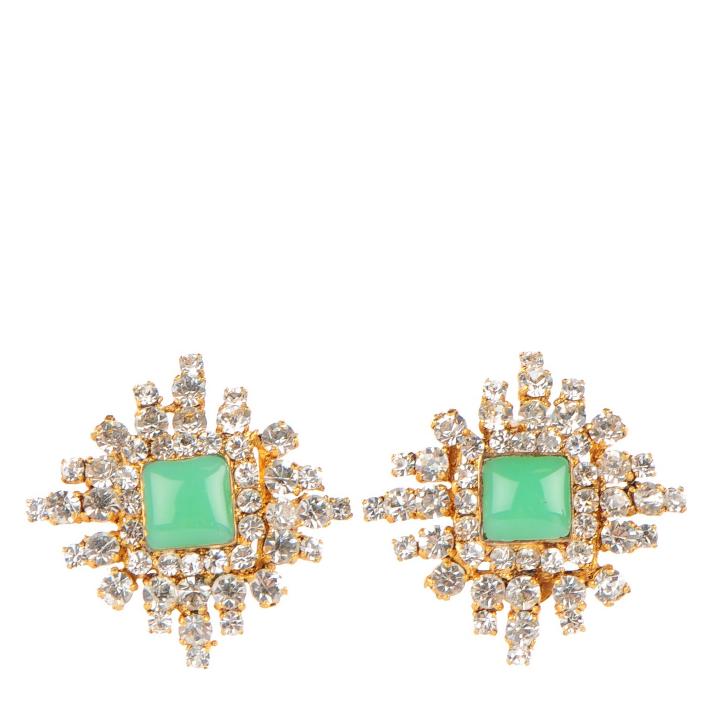 Resin Crystal Clip On Earrings Gold Green