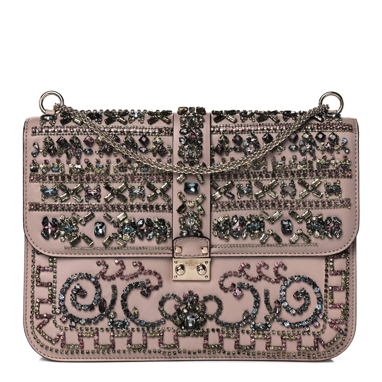 Vitello Crystal Embellished Medium Glam Lock Rockstud Flap Poudre