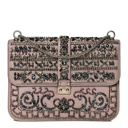 Valentino Garavani Vitello Crystal Embellished Medium Glam Lock Rockstud Flap Poudre 1 of 28