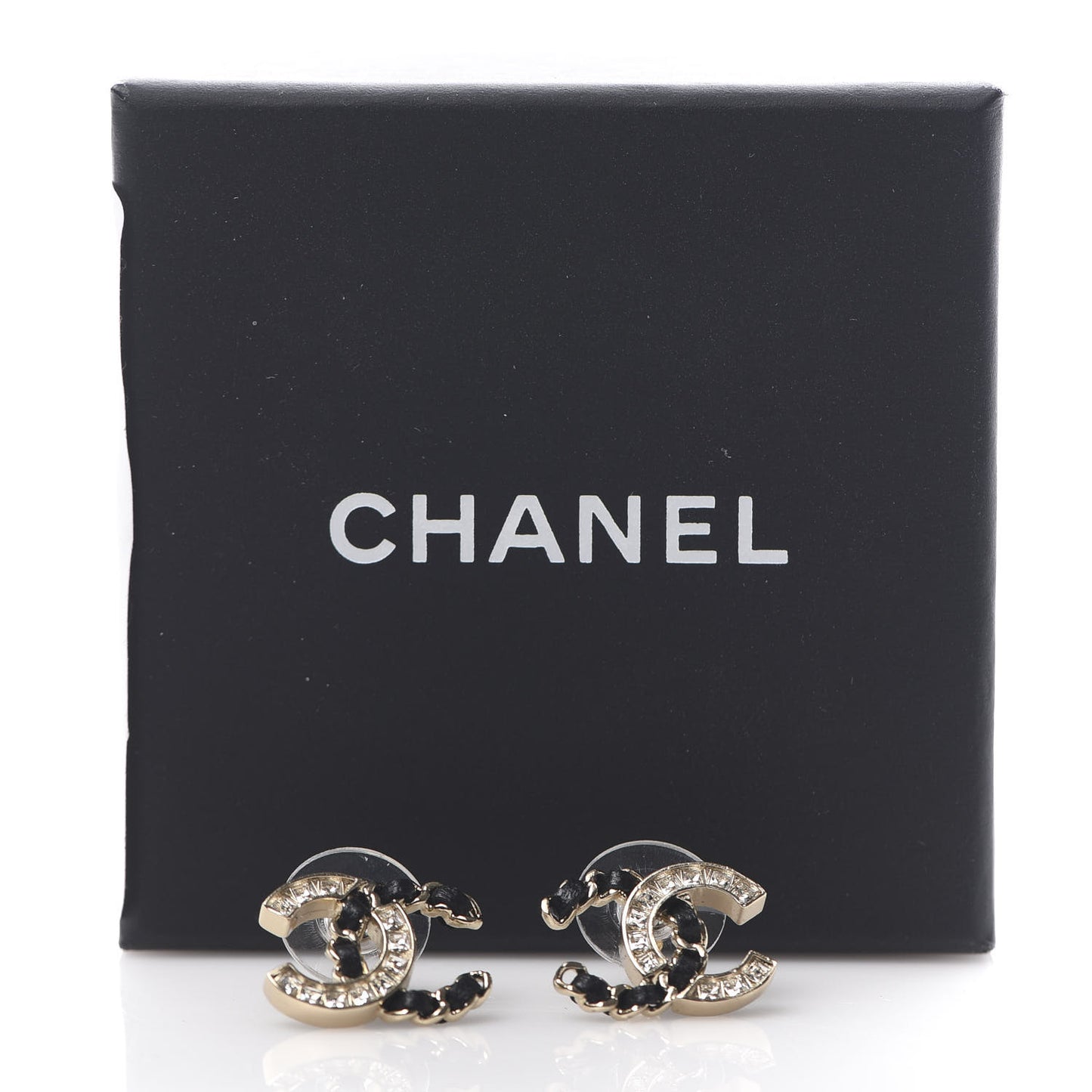 Crystal Baguette Lambskin Chain CC Vintage Allure Stud Earrings Black Gold