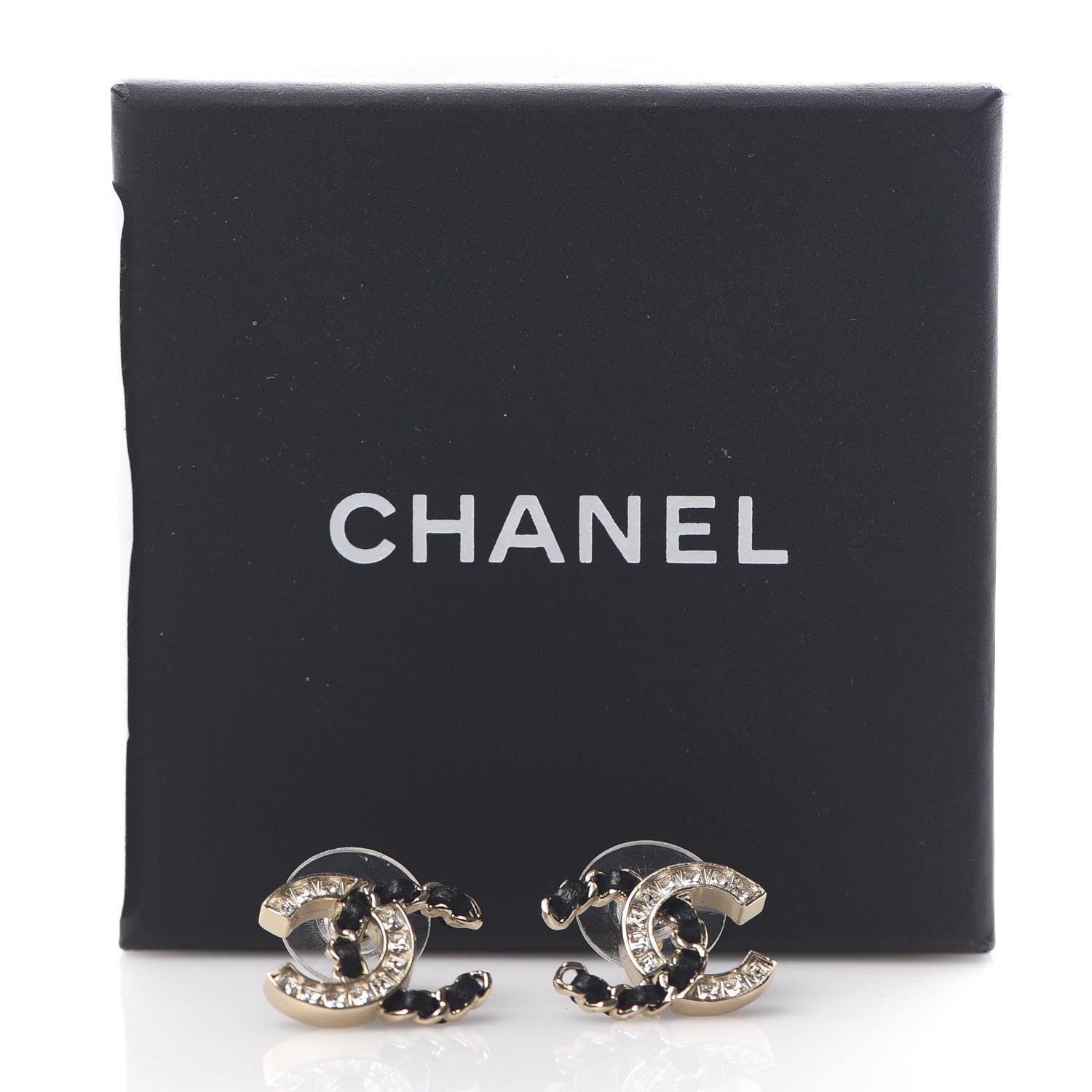 Chanel Crystal Baguette Lambskin Chain CC Vintage Allure Stud Earrings Black Gold 5 of 5