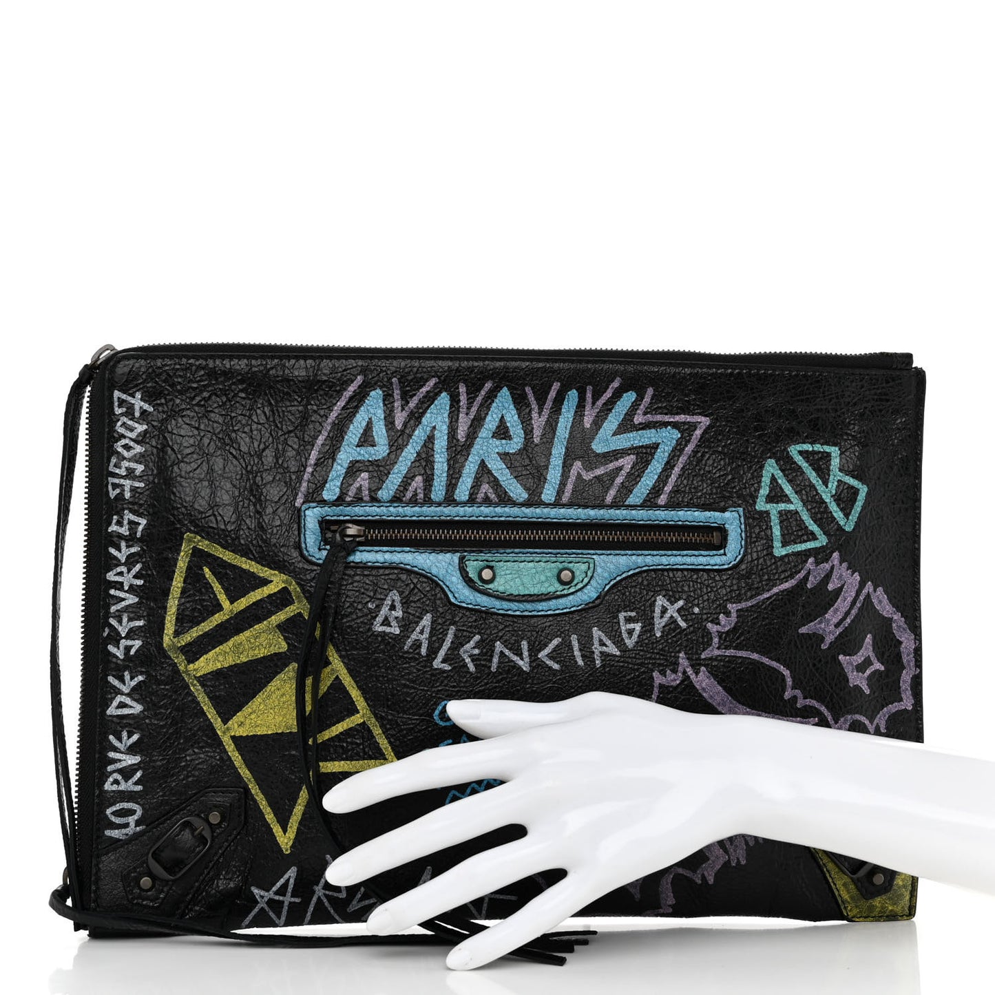 Agneau Classic Hardware Graffiti Small Pouch Black Multicolor