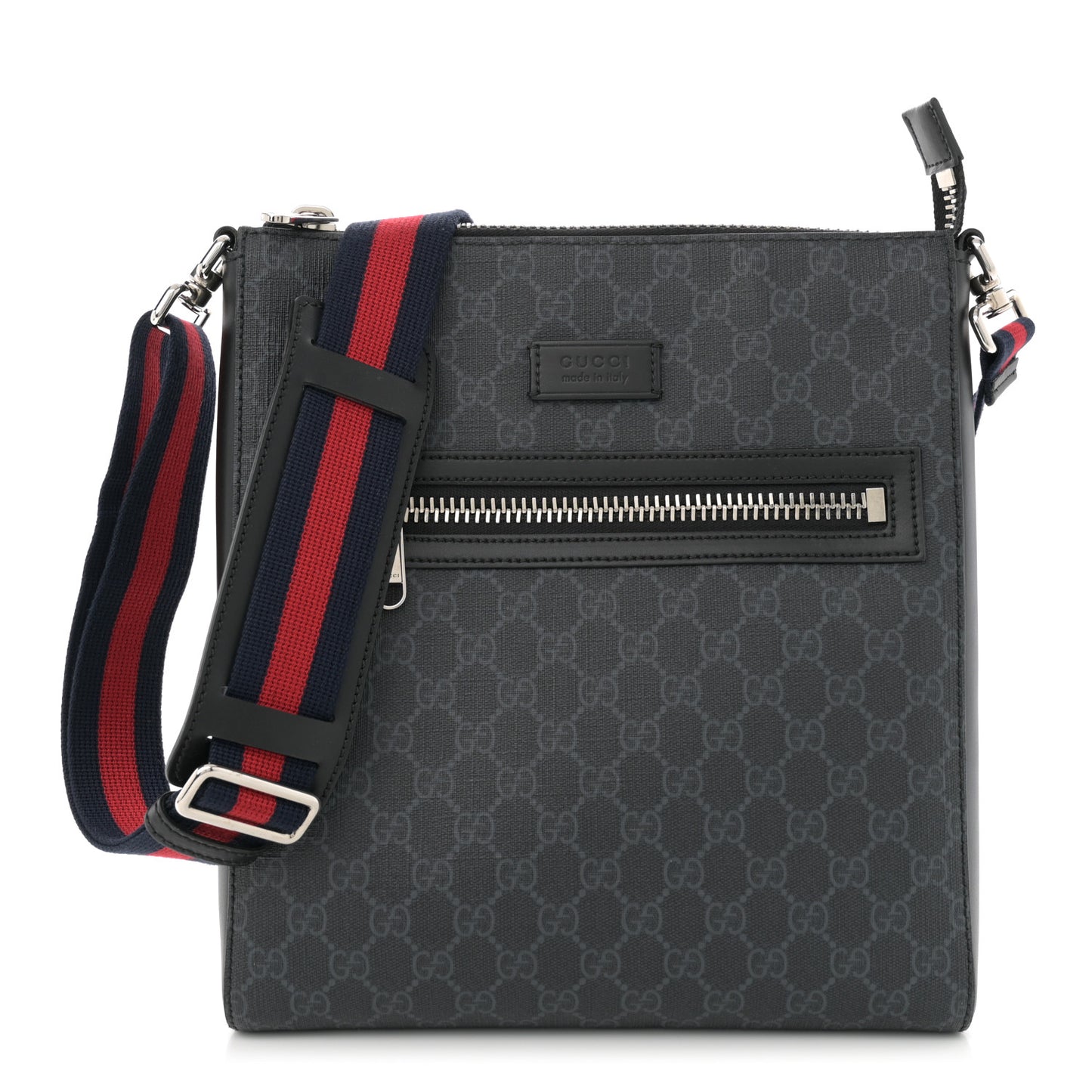 GG Supreme Monogram Appia Calfskin Web Flat Messenger Bag Black Grey