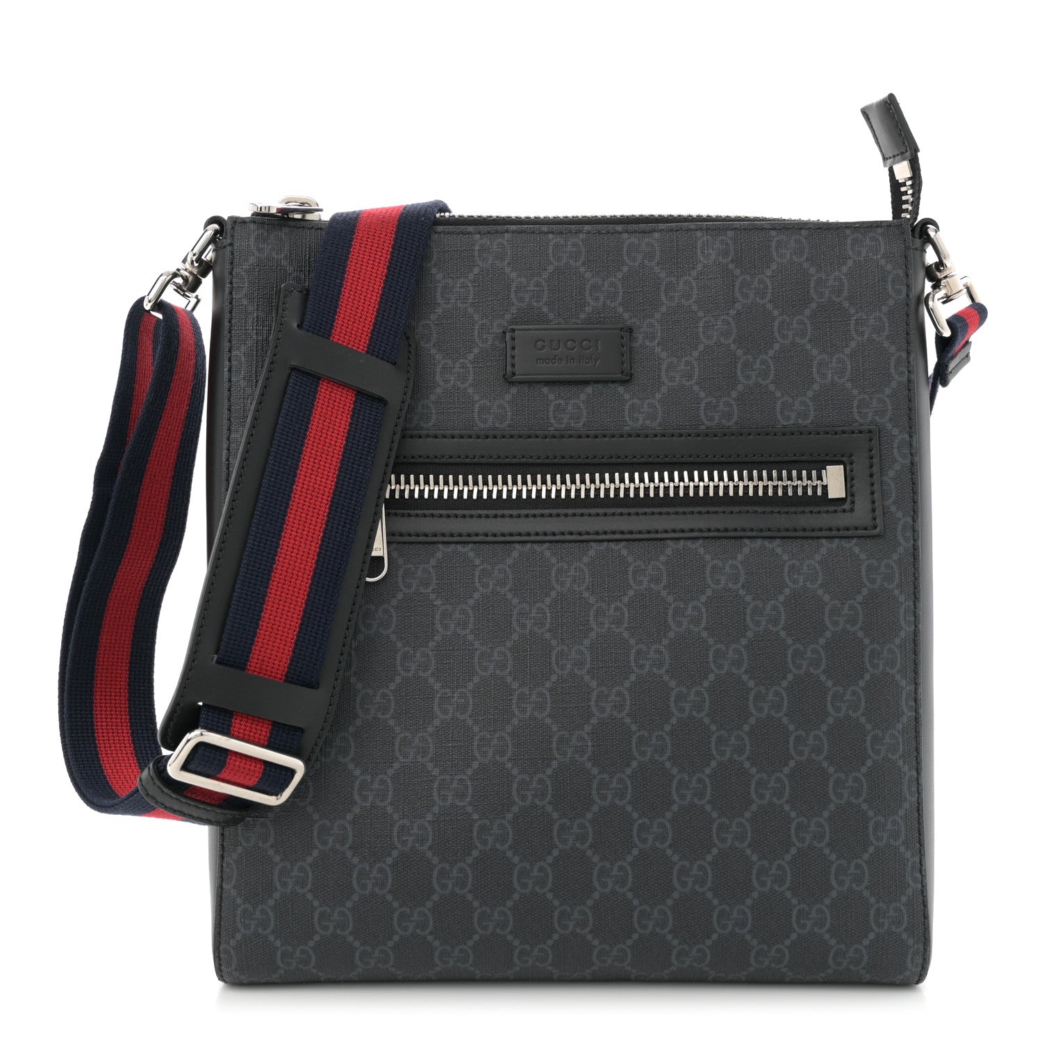 Gucci GG Supreme Monogram Appia Calfskin Web Flat Messenger Bag Black Grey 1 of 10