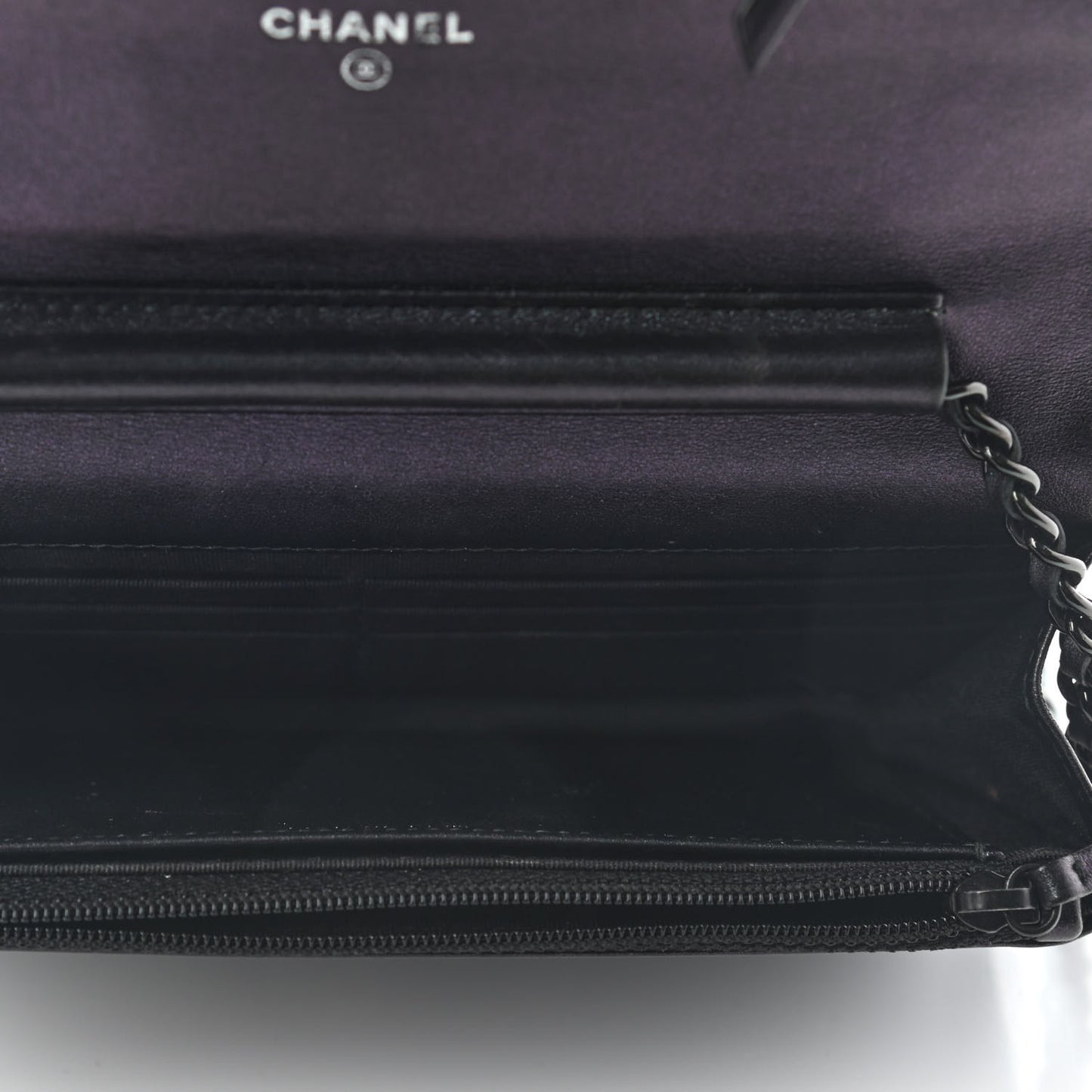 Patent Metallic Crumpled Calfskin Chevron Quilted Wallet On Chain WOC Black