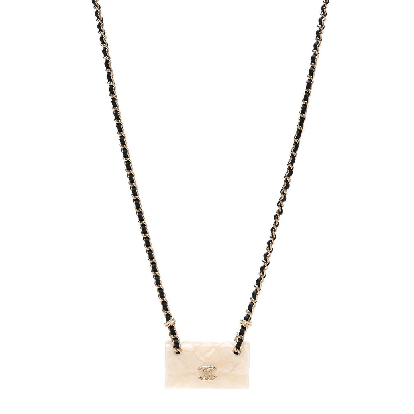 Metal Resin Calfskin Quilted CC Turnlock Chain Bag Necklace Gold White