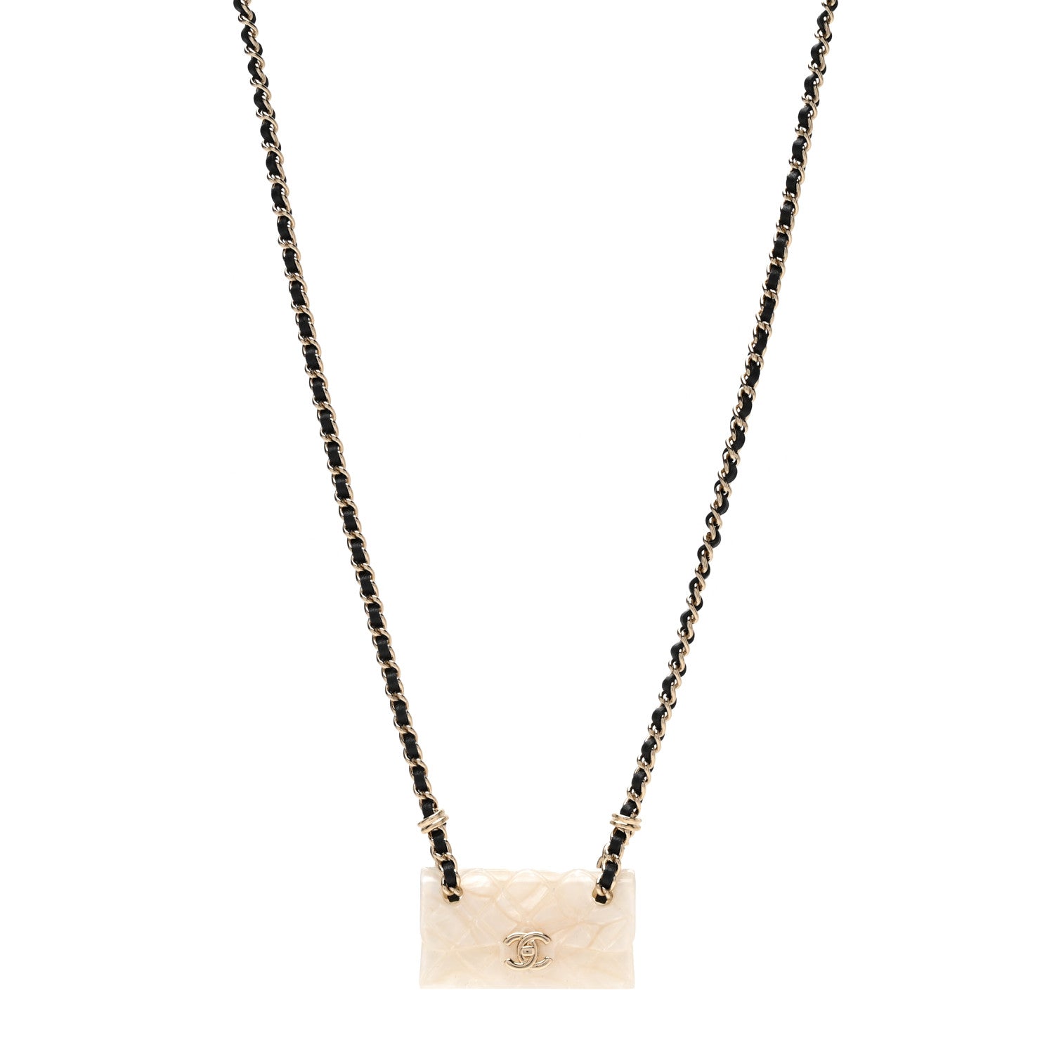 Chanel Metal Resin Calfskin Quilted CC Turnlock Chain Bag Necklace Gold White 1 of 4