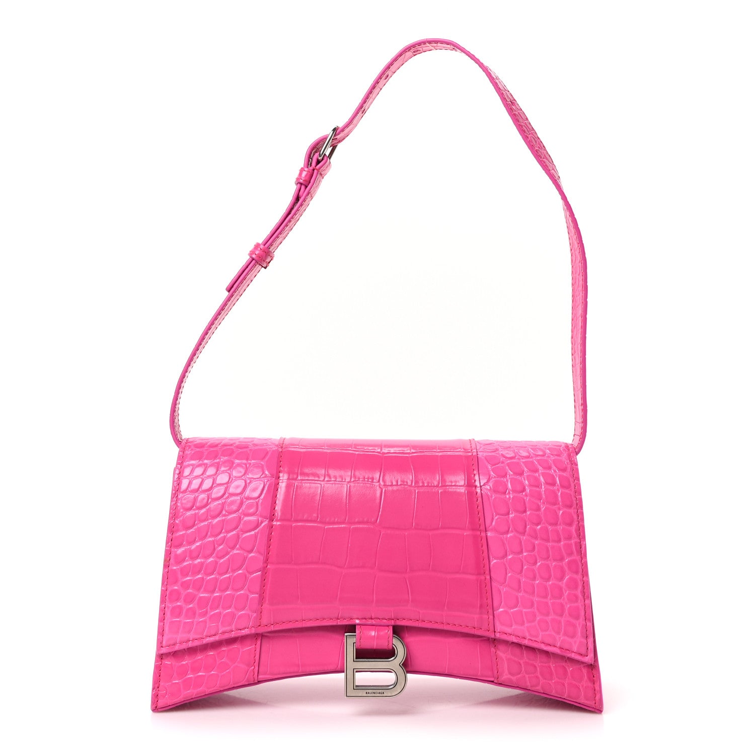 Balenciaga Shiny Calfskin Crocodile Embossed Small Hourglass Sling Shoulder Bag Fuchsia 1 of 9