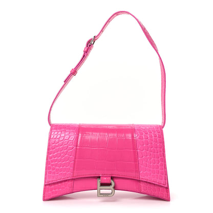 Balenciaga Shiny Calfskin Crocodile Embossed Small Hourglass Sling Shoulder Bag Fuchsia 1 of 9