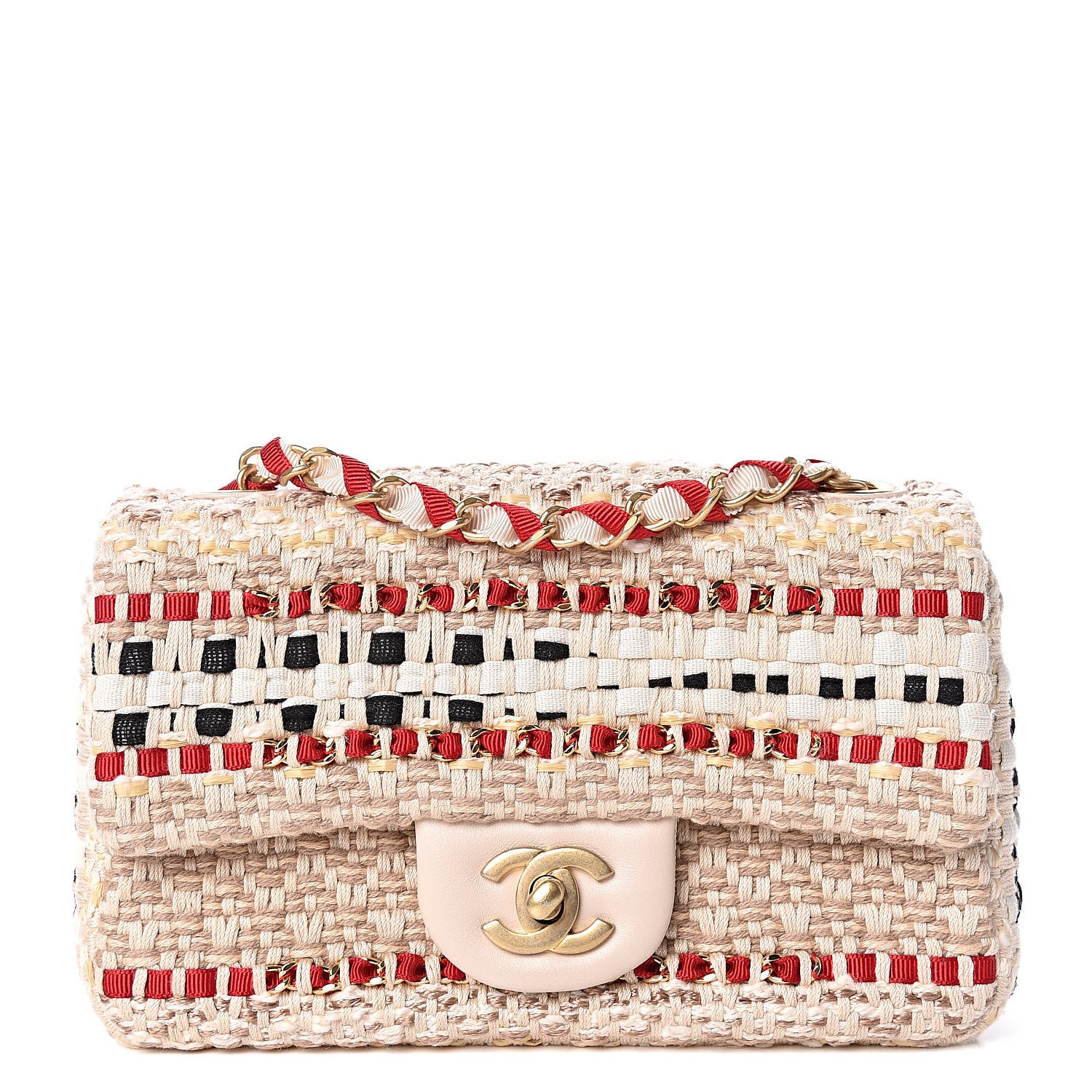 Chanel Cotton Raffia Lambskin Woven Mini Rectangular Flap Beige Red Black 1 of 9