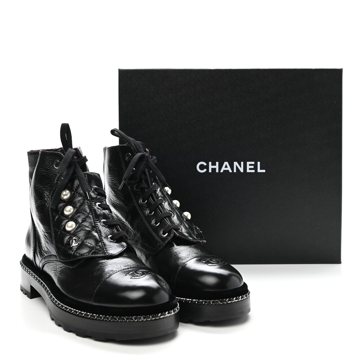 Crackled Calfskin Velvet Pearl Combat Short Boots 39.5 Black