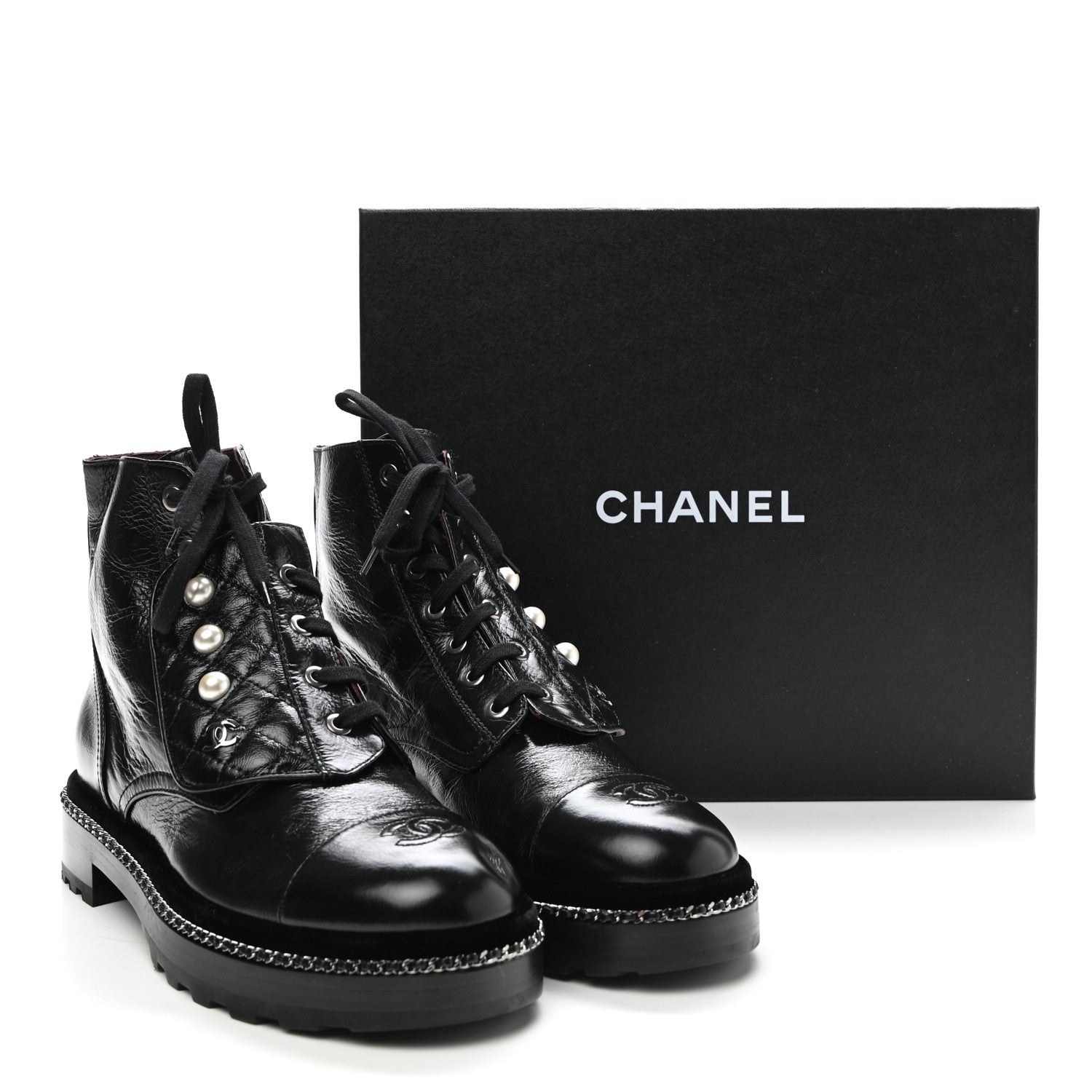 Chanel Crackled Calfskin Velvet Pearl Combat Short Boots 39.5 Black 10 of 10