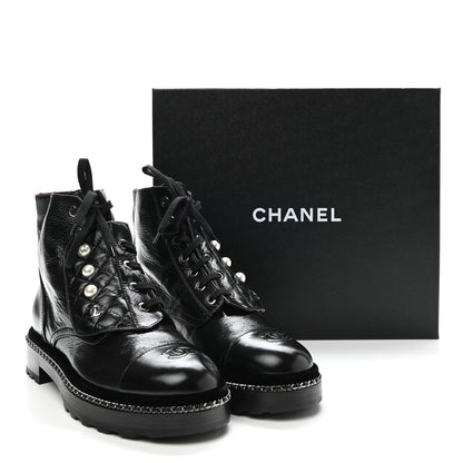 Chanel Crackled Calfskin Velvet Pearl Combat Short Boots 39.5 Black 10 of 10