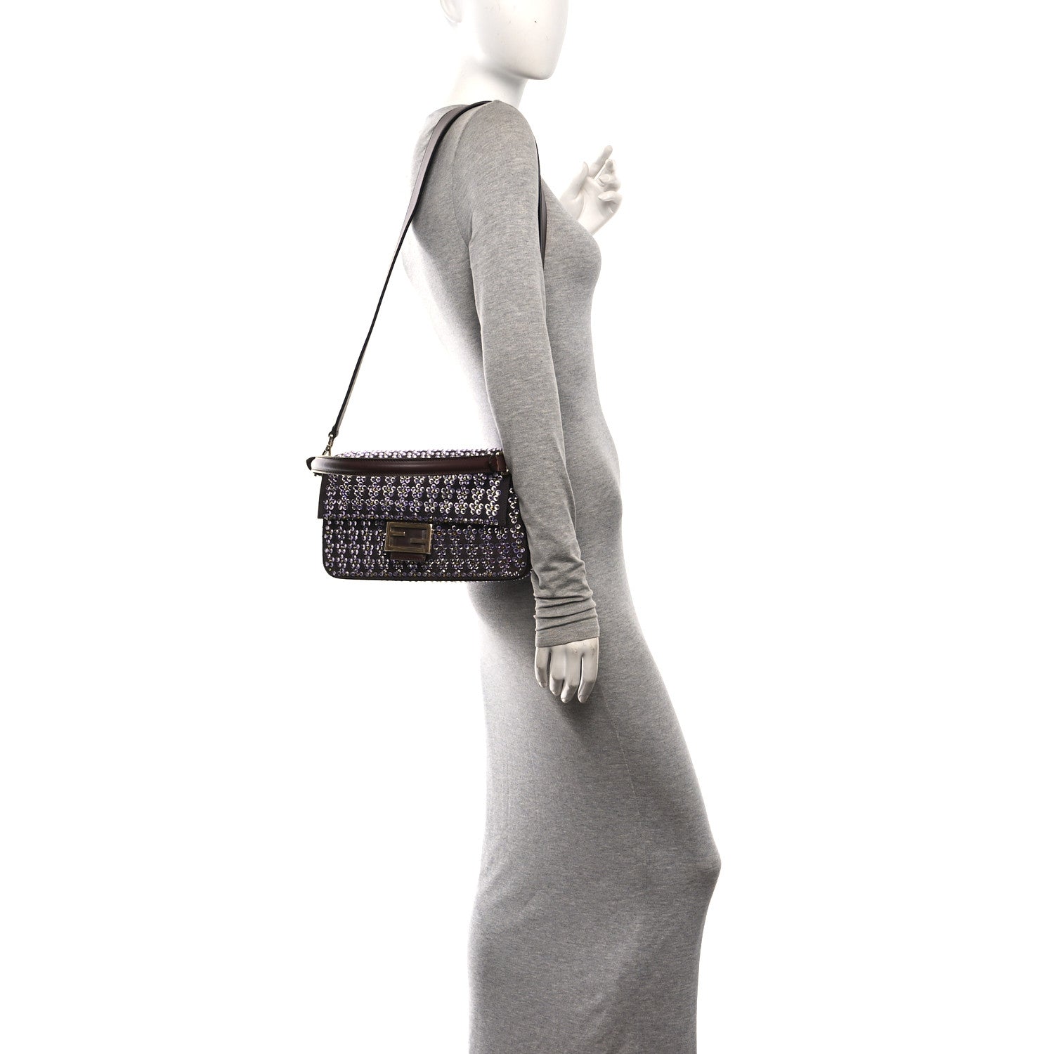 Fendi Suede Blooming Crystal Floral Baguette Mogano Anemone 2 of 11