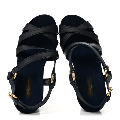 Louis Vuitton Calfskin Monogram Denim Ocean Wedge Sandals 38.5 Blue 2 of 11