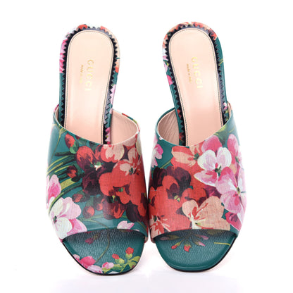 Gucci Calfskin Blooms Print High Heel Slide Sandals 37 Bright Emerald Multicolor 5 of 11
