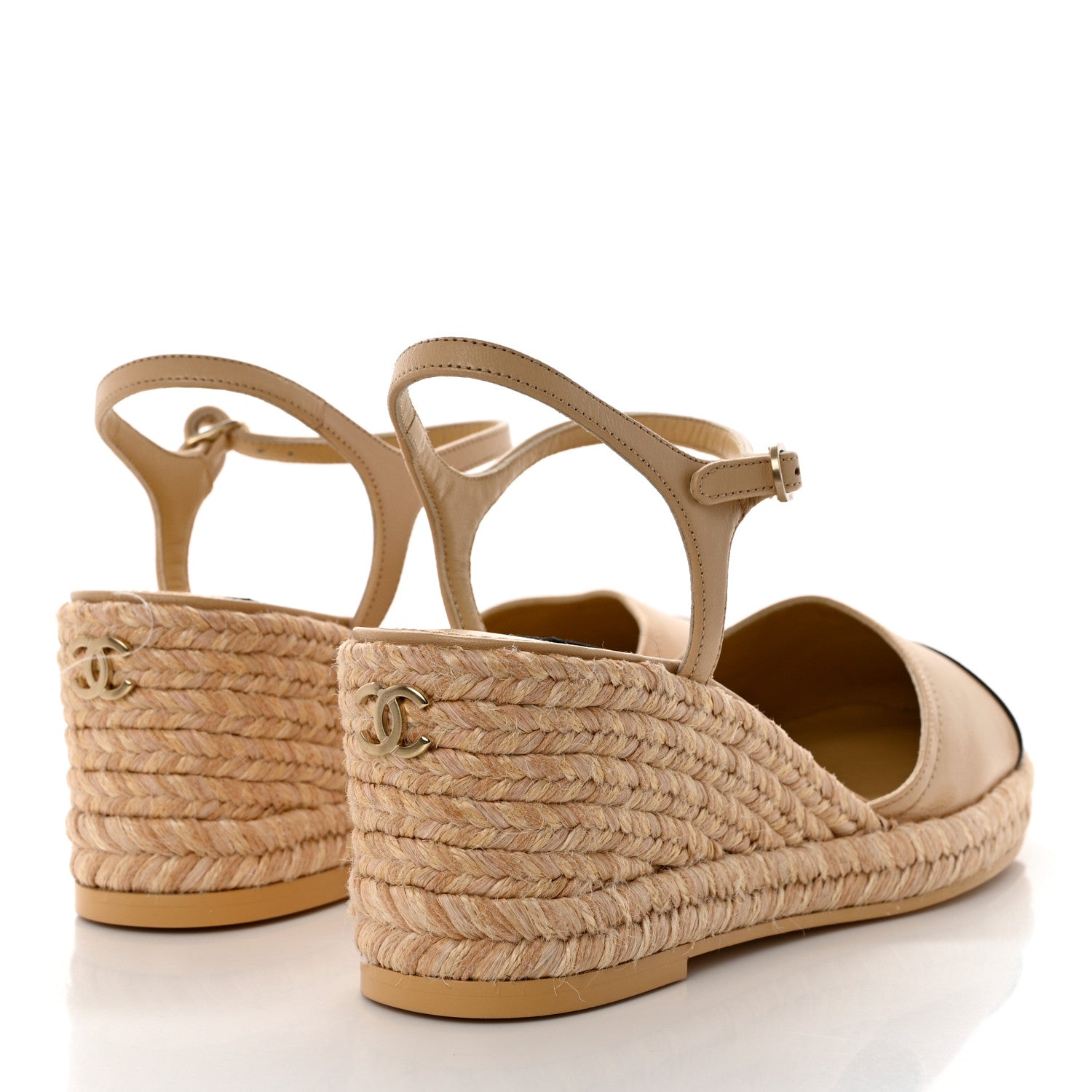 Chanel Lambskin Grosgrain CC Espadrilles Wedges 40 Beige Black 4 of 9