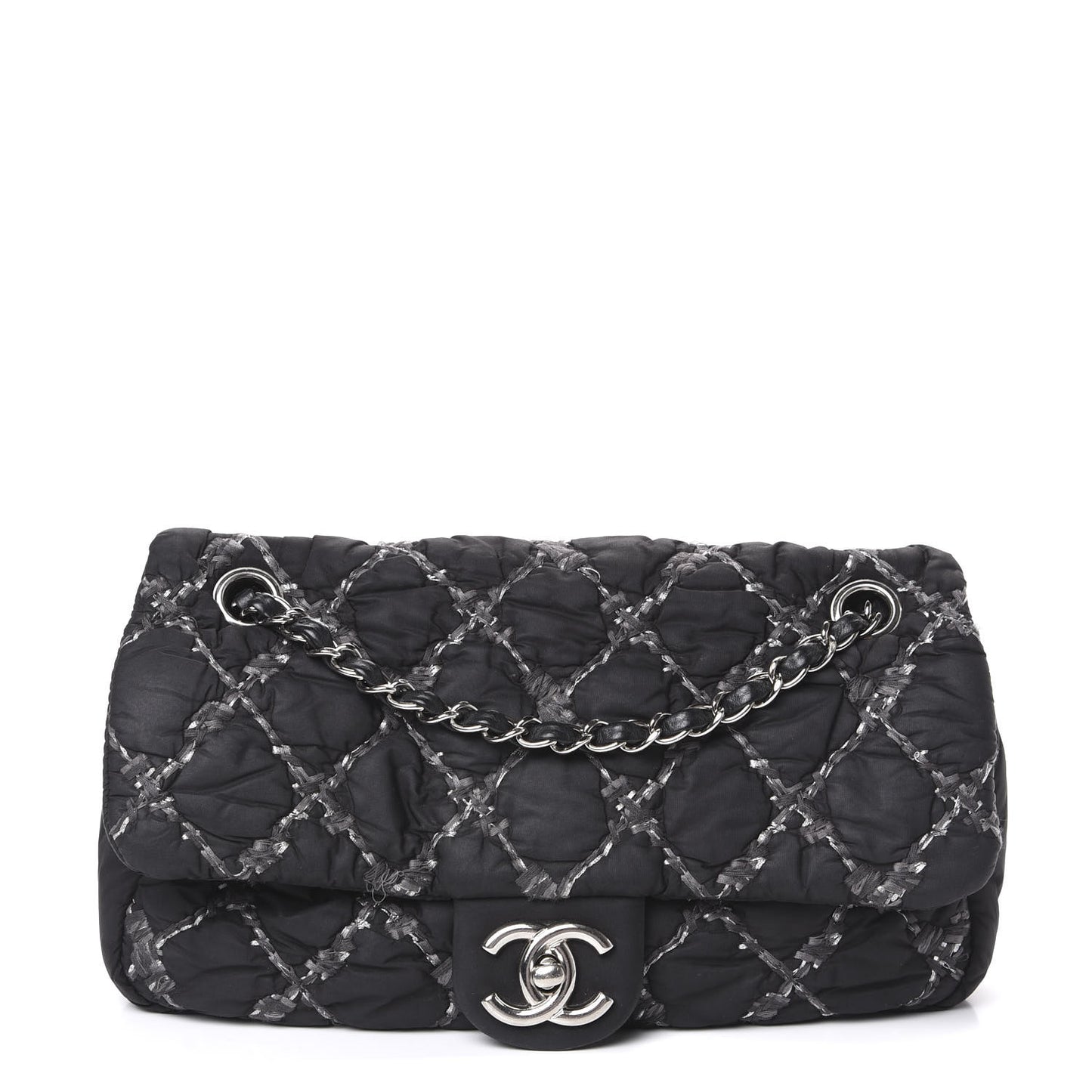 Nylon Quilted Tweed Stitch Medium Bubble Flap Black